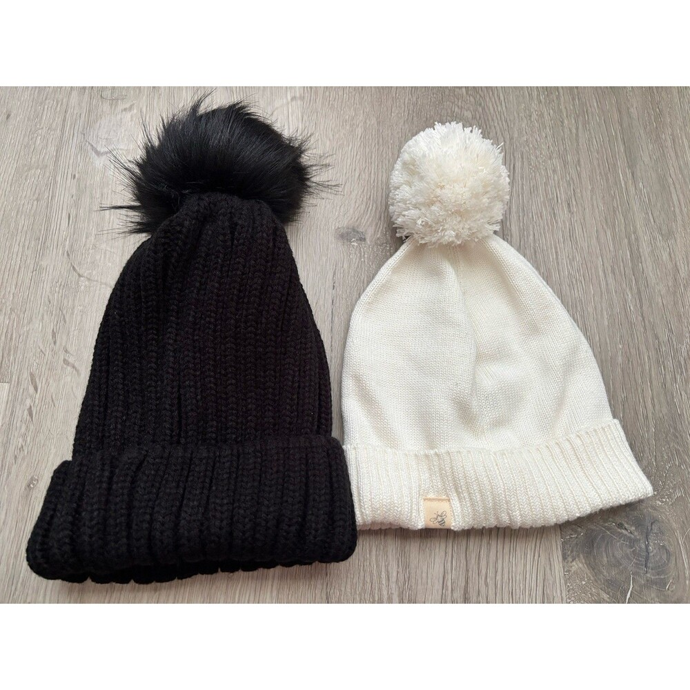 Lot of 2 Pom Pom Beanie Hats Cream Knit Burt’s Bees & Black Detachable Faux Fur